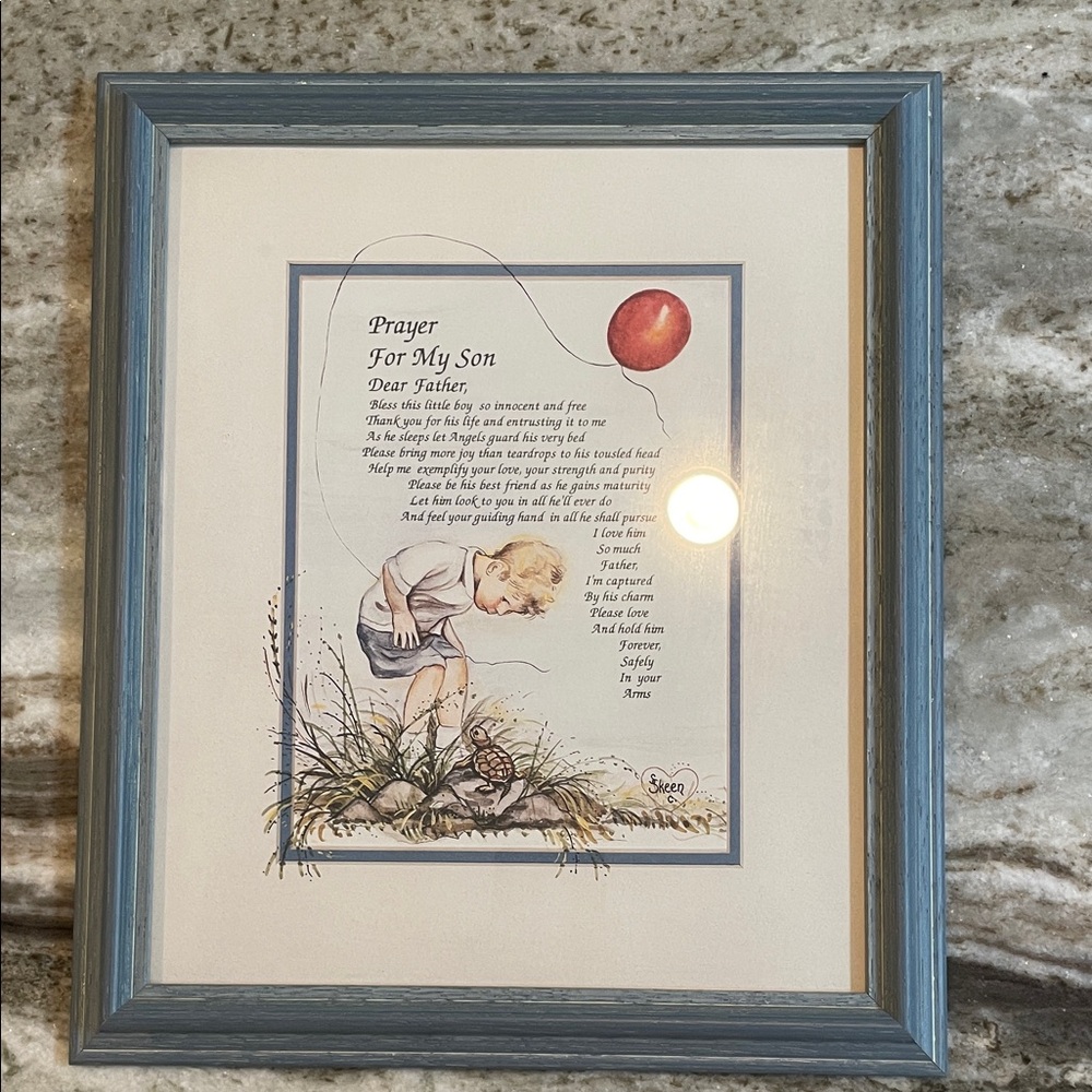 Blue Framed Prayer Art with Red Balloon